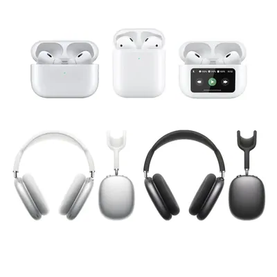 AirPods cases and two pairs of over-ear headphones in silver and black, arranged in two rows