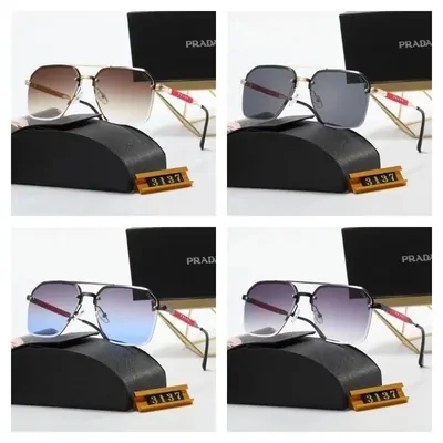 Four pairs of Prada sunglasses with brown and blue gradient lenses, each beside its black case and box