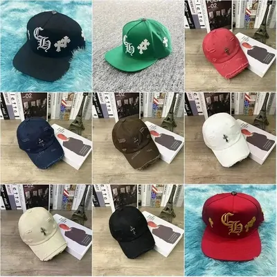 Nine baseball caps in a three by three grid: teal, green, red, navy, olive, cream and black, each with an embroidered logo