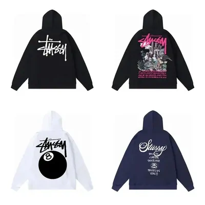Four Stussy hoodies in two rows: black with white script, black with a pink back print, white with an eight ball, navy with a back print