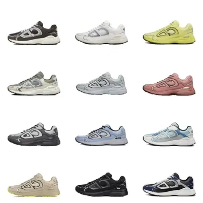 Twelve chunky low-top trainers in four rows: grey, white, yellow-green, pink, navy, tan and black