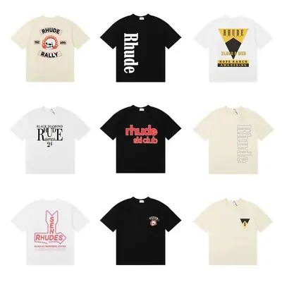 Nine Rhude t-shirts in a three by three grid, cream and black, with rally prints, script logos and small badges