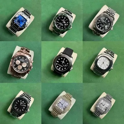 Nine wristwatches on a green background in three rows: steel bracelets, two-tone gold and black-faced divers